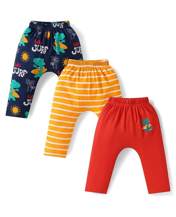 Babyhug Cotton Interlock Knit Full Length Diaper Leggings with Dino Print Pack of 3 - Red Navy & Yellow