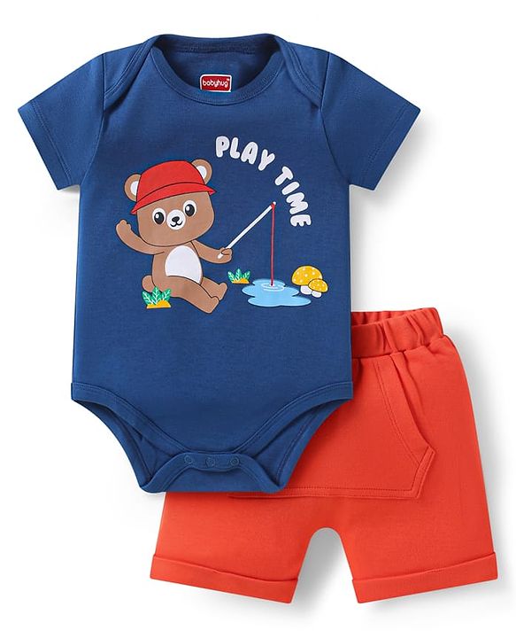 Babyhug 100% Cotton Knit Half Sleeves Onesie with Shorts & Bear Print  - Red & Navy Blue