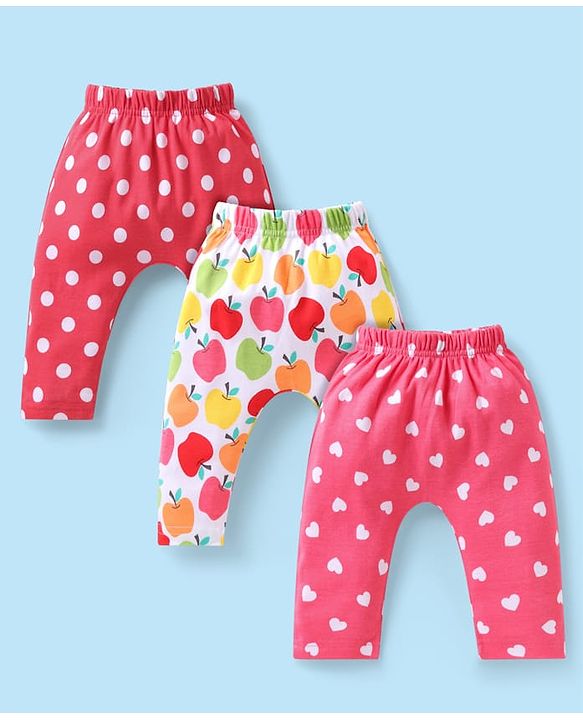 Babyhug Cotton Knit Full Length Diaper Leggings with Polka Dots Hearts & Apple Print Pack of 3 - White & Dark Pink