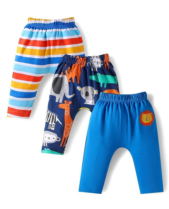 Babyhug Cotton Knit Full Length Diaper Leggings With Stripes & Animal Print Pack Of 3 - Blue & Navy Blue
