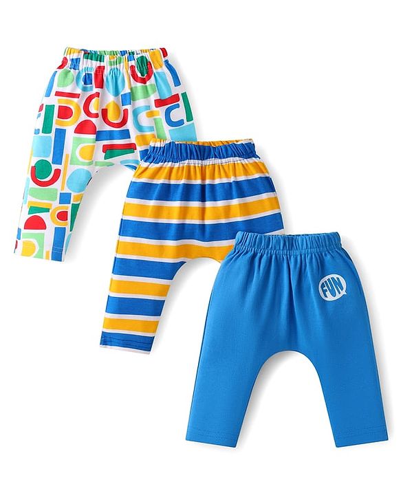 Babyhug Interlock Knit Full Length Diaper Pants with Stripes & Text Print Pack of 3 - Blue