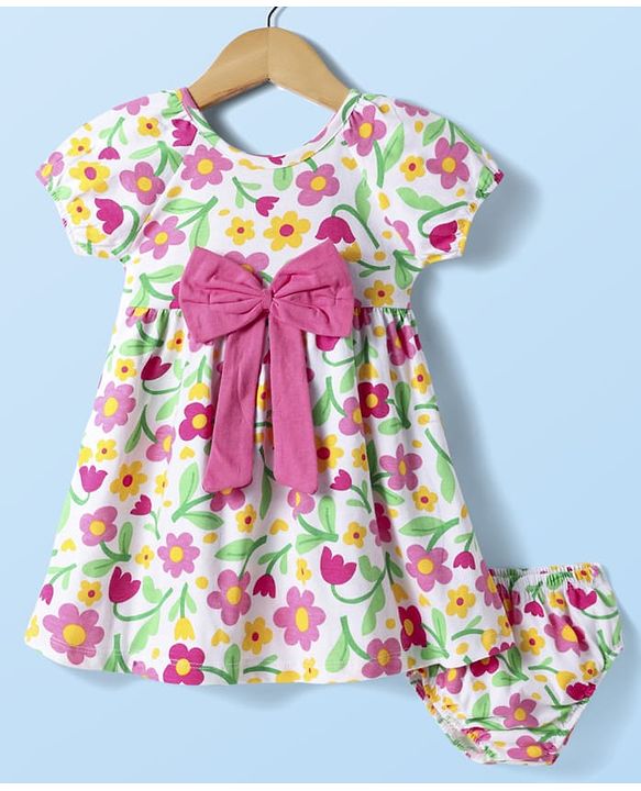 Babyhug Single Jersey Knit Half Raglan Sleeves Floral Printed Frock With Bow Applique & Bloomer - White