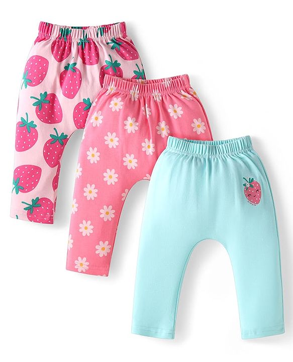 Babyhug Interlock Knit Full Length Diaper Leggings with Strawberry & Floral Print Pack of 3 - Pink & Light Blue
