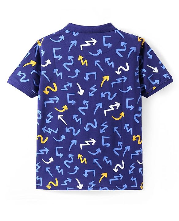 Pine Kids Cotton Knit Half Sleeves Polo T-Shirt With Arrow Print - Navy Blue