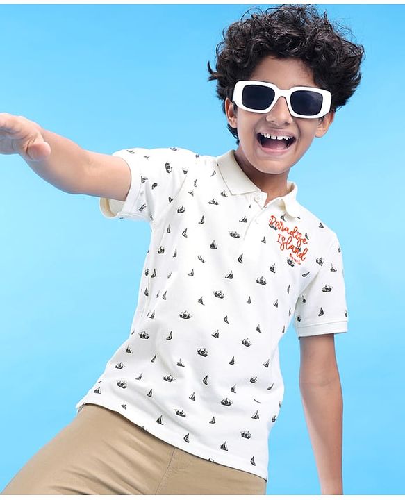 Pine Kids Cotton Knit Half Sleeves Polo T-Shirt with Ship Print & Text Embroidery - White