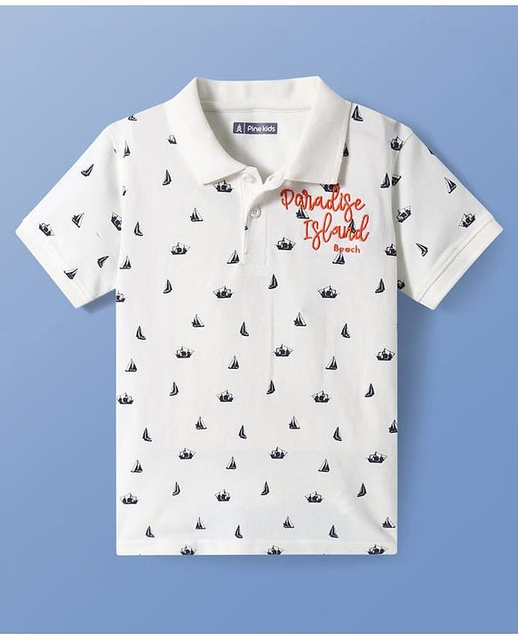Pine Kids Cotton Knit Half Sleeves Polo T-Shirt with Ship Print & Text Embroidery - White
