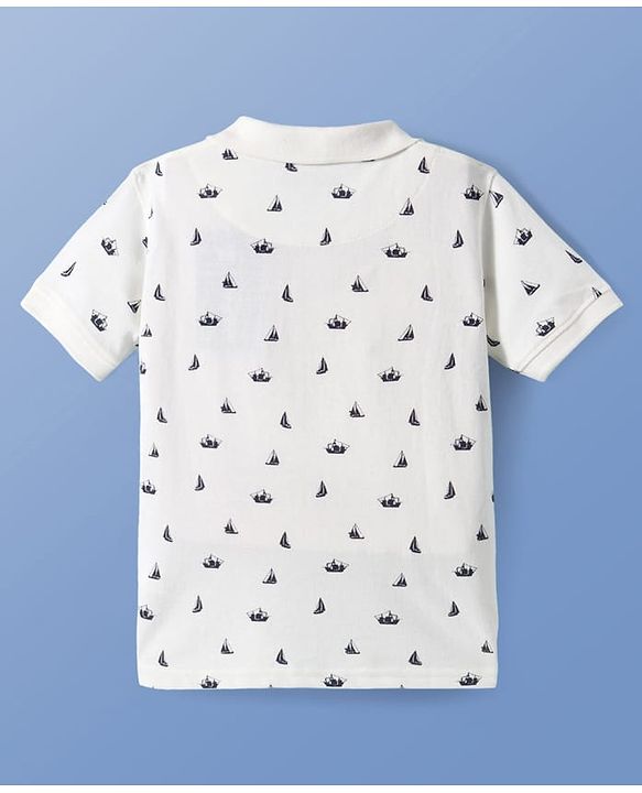 Pine Kids Cotton Knit Half Sleeves Polo T-Shirt with Ship Print & Text Embroidery - White