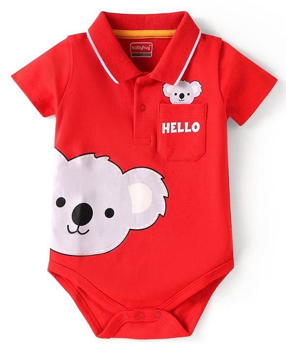 Babyhug 100% Cotton Knit Half Sleeves Collared Onesie with Bear Print - Red