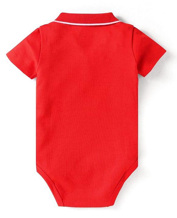 Babyhug 100% Cotton Knit Half Sleeves Collared Onesie with Bear Print - Red