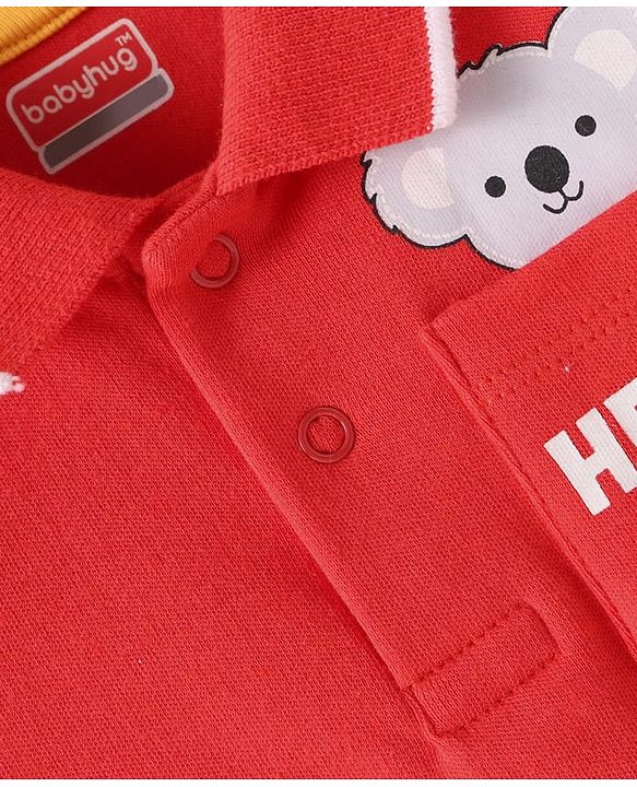 Babyhug 100% Cotton Knit Half Sleeves Collared Onesie with Bear Print - Red