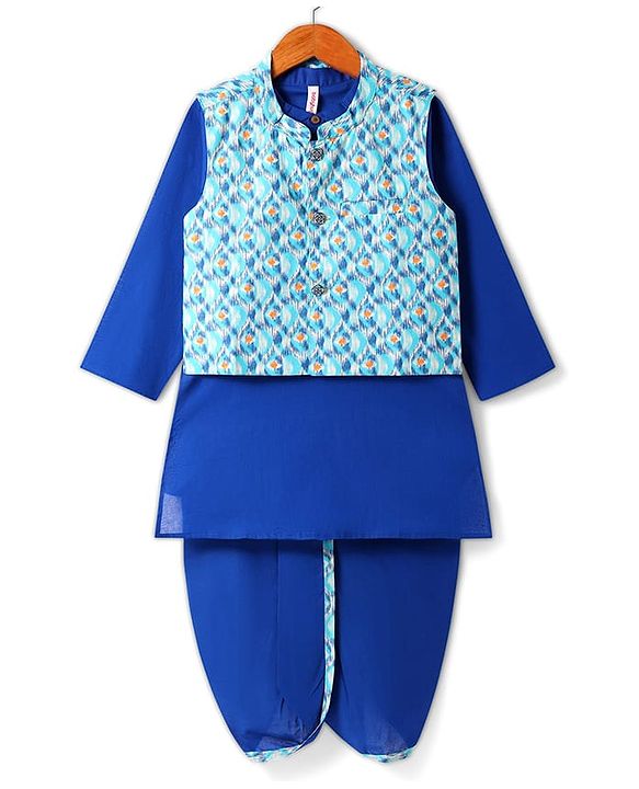 Babyhug Cotton Woven Full Sleeves  Kurta Dhoti Set with Motif Printed Waistcoat - Blue