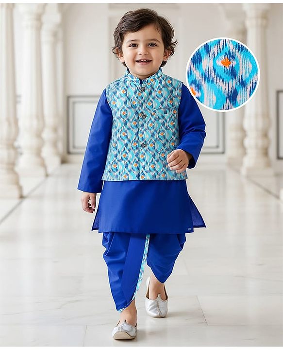 Babyhug Cotton Woven Full Sleeves  Kurta Dhoti Set with Motif Printed Waistcoat - Blue