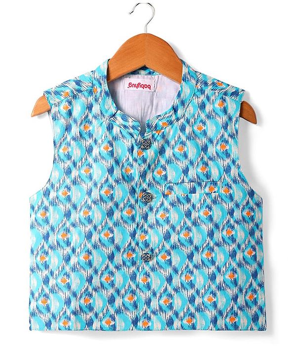 Babyhug Cotton Woven Full Sleeves  Kurta Dhoti Set with Motif Printed Waistcoat - Blue