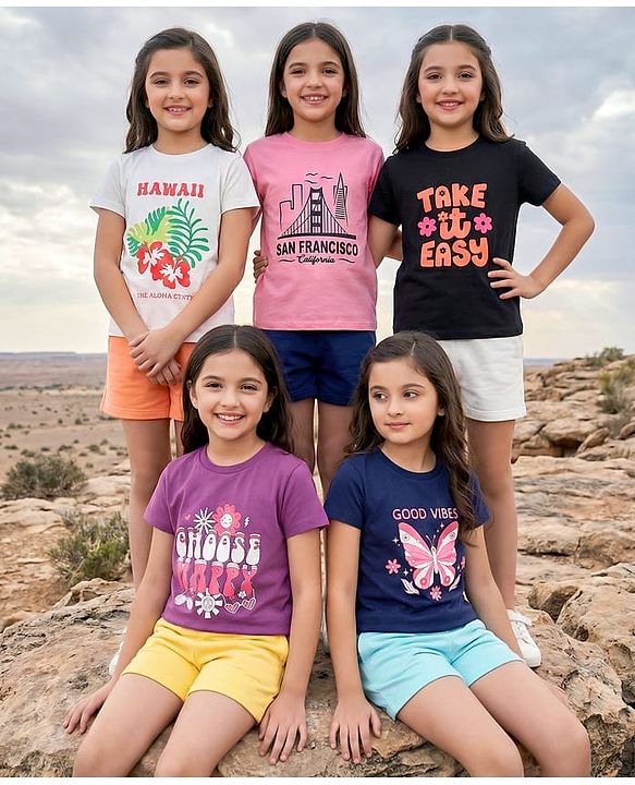 Pine Kids Cotton Knit Half Sleeves T-Shirts with Text Print Pack of 5 - Multicolor