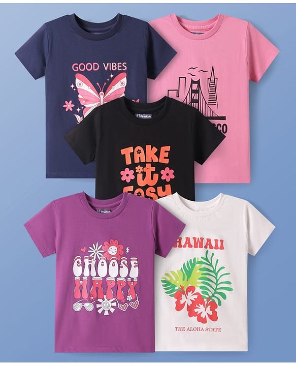 Pine Kids Cotton Knit Half Sleeves T-Shirts with Text Print Pack of 5 - Multicolor