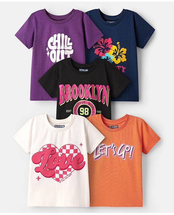 Pine Kids Cotton Knit Half Sleeves Text Printed T-Shirts Pack of 5 - Multicolor