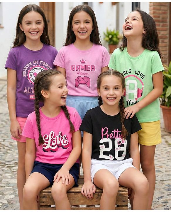 Pine Kids Cotton Knit Half Sleeves T-Shirts with Text Print Pack of 5 - Multicolor