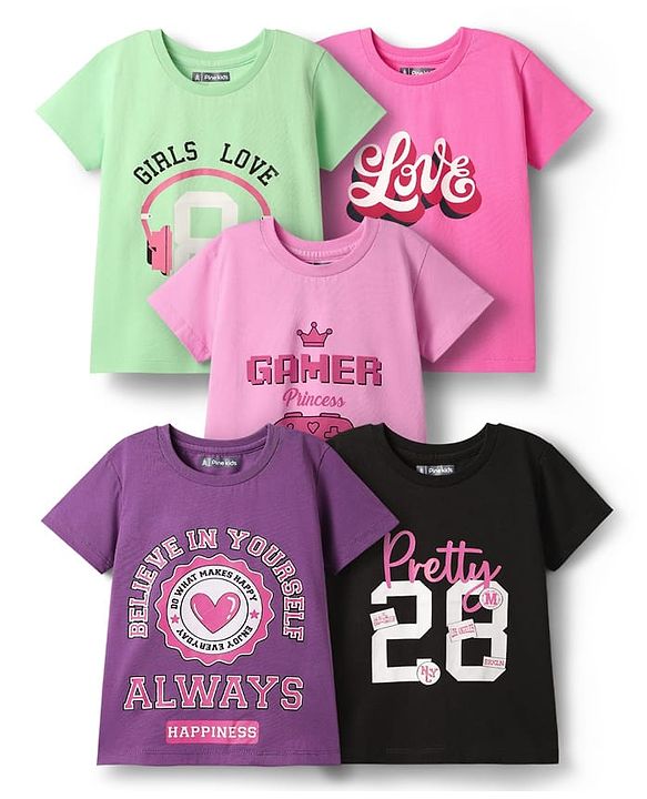Pine Kids Cotton Knit Half Sleeves T-Shirts with Text Print Pack of 5 - Multicolor