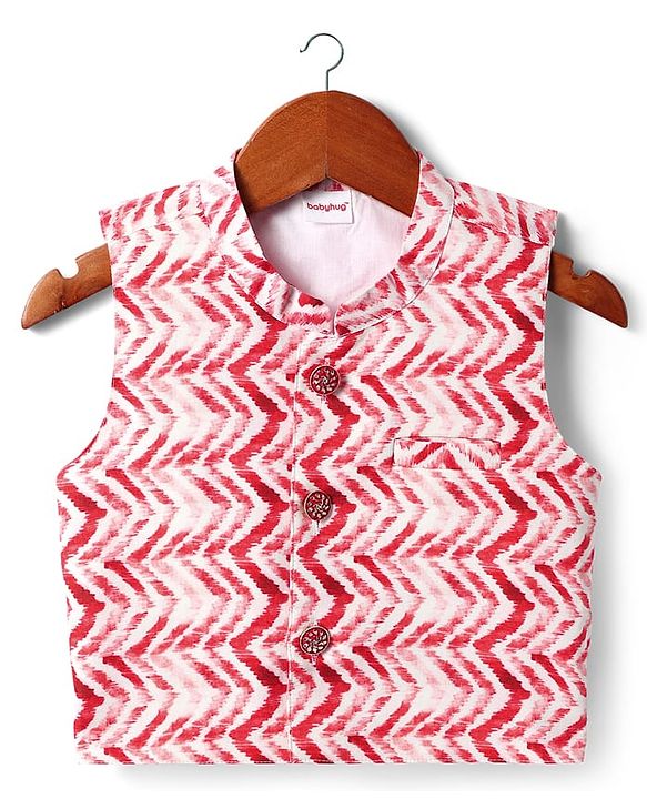 Babyhug Cotton Woven Mandarin Collar Full Sleeves Kurta Dhoti Set With Textured Print Jacket - Red