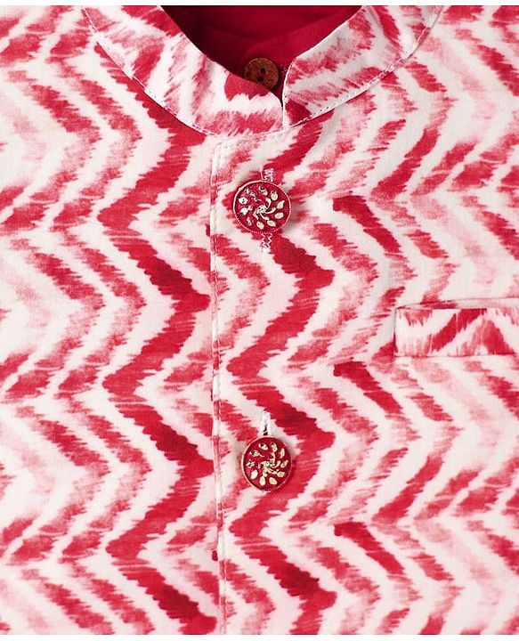 Babyhug Cotton Woven Mandarin Collar Full Sleeves Kurta Dhoti Set With Textured Print Jacket - Red