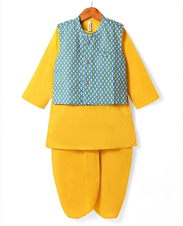 Babyhug Cotton Woven Full Sleeves Solid Kurta Dhoti Set with Printed Jacket - Mustard