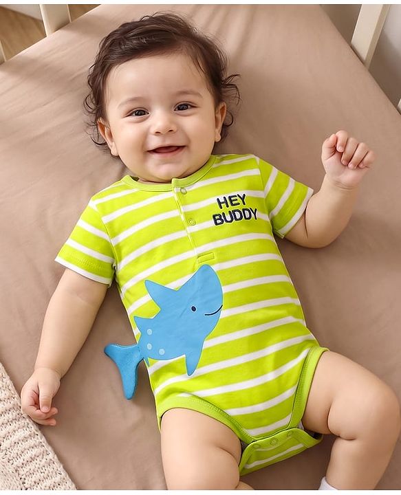 Babyhug 100% Cotton Knit Half Sleeves Text Embroidered Onesie with Whale Applique & Stripes - Light Green