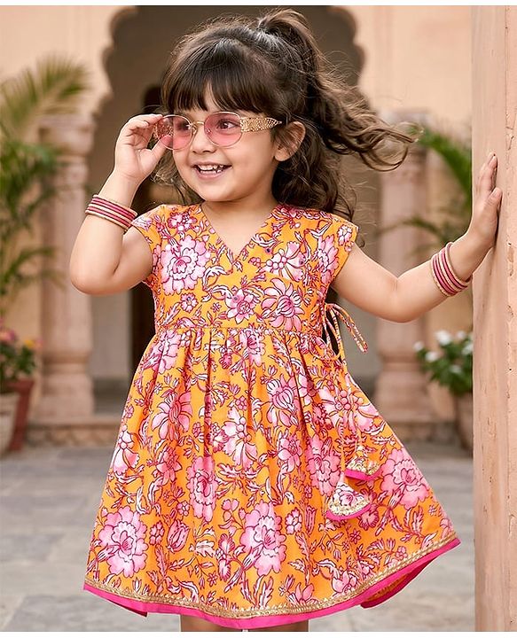 Babyhug Cambric Woven Sleeveless Ethnic Dress With Floral Print - Mustard