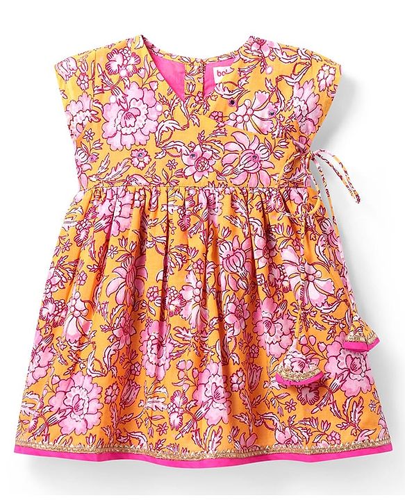 Babyhug Cambric Woven Sleeveless Ethnic Dress With Floral Print - Mustard