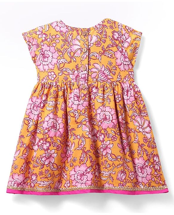 Babyhug Cambric Woven Sleeveless Ethnic Dress With Floral Print - Mustard