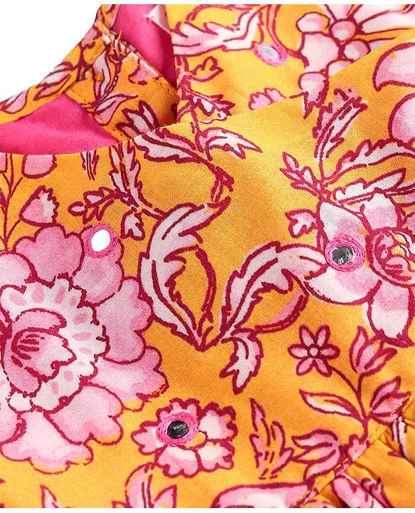 Babyhug Cambric Woven Sleeveless Ethnic Dress With Floral Print - Mustard
