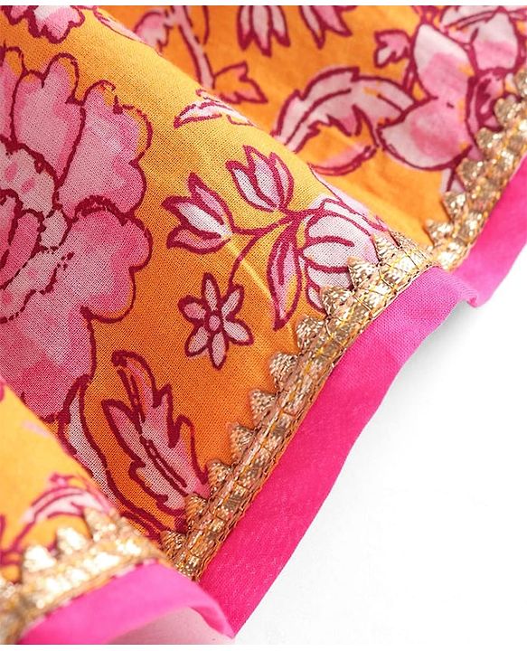 Babyhug Cambric Woven Sleeveless Ethnic Dress With Floral Print - Mustard