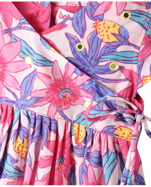 Babyhug Cotton Cambric Woven Half Cap Sleeves Floral Printed Frock - White & Pink