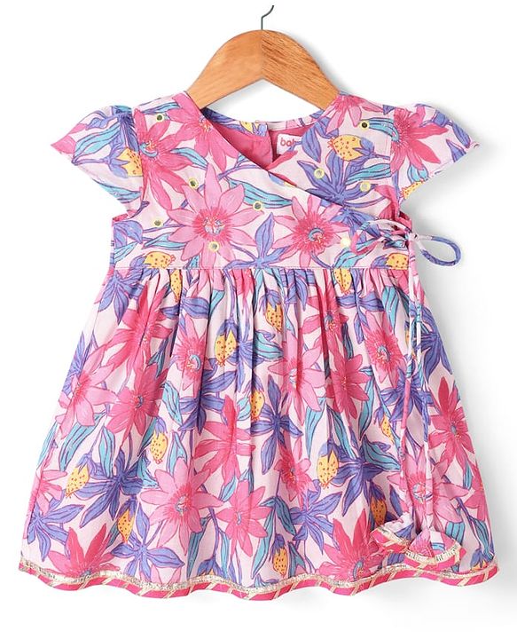 Babyhug Cotton Cambric Woven Half Cap Sleeves Floral Printed Frock - White & Pink