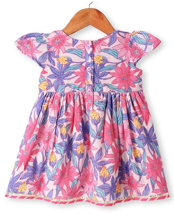 Babyhug Cotton Cambric Woven Half Cap Sleeves Floral Printed Frock - White & Pink