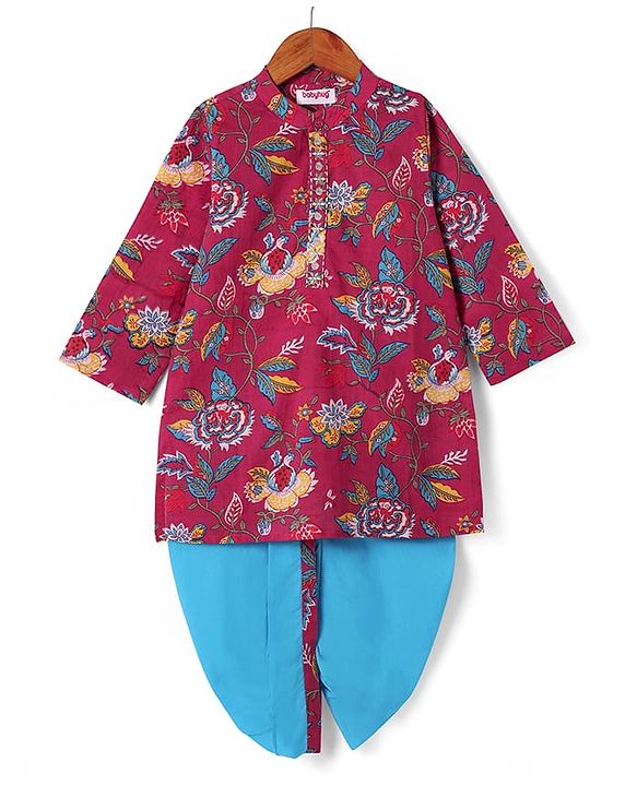 Babyhug Cotton Woven Full Sleeves Floral Printed Kurta Dhoti Set - Fuschia & Blue