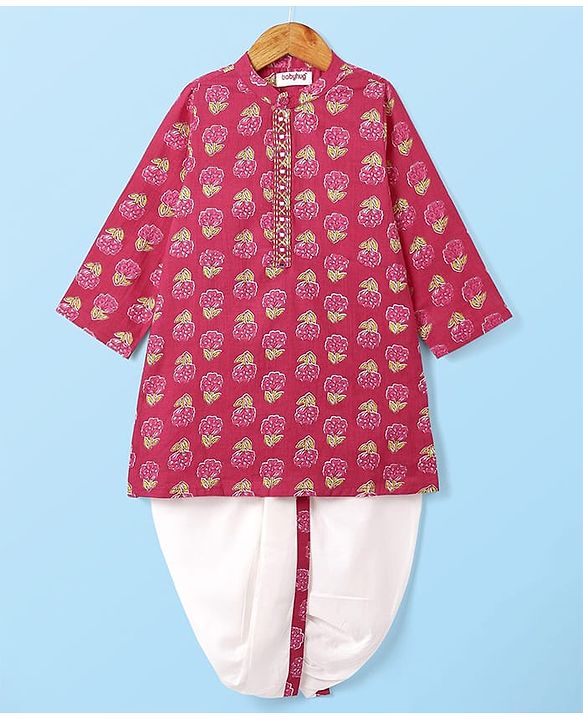 Babyhug Cotton Woven Full Sleeves Kurta Dhoti Set With Floral Print - Fuchsia