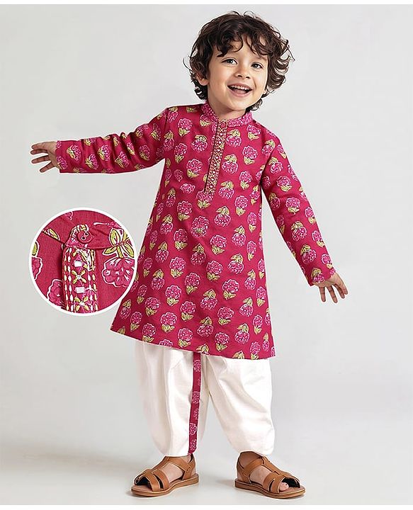 Babyhug Cotton Woven Full Sleeves Kurta Dhoti Set With Floral Print - Fuchsia