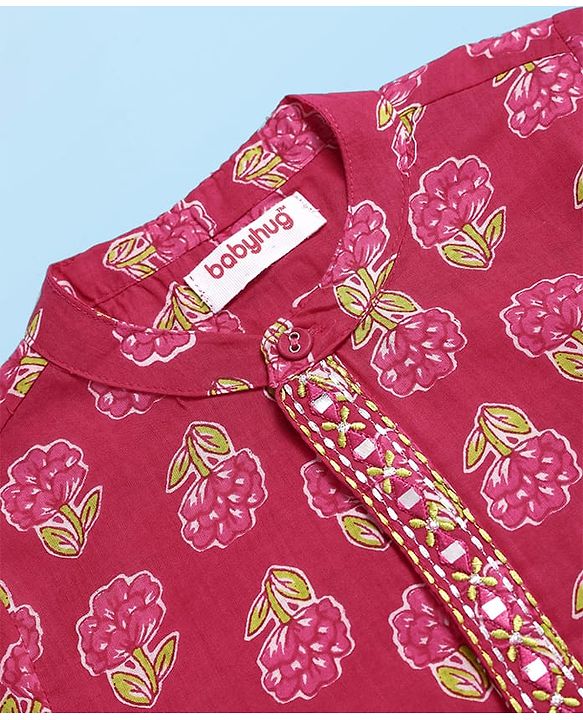 Babyhug Cotton Woven Full Sleeves Kurta Dhoti Set With Floral Print - Fuchsia