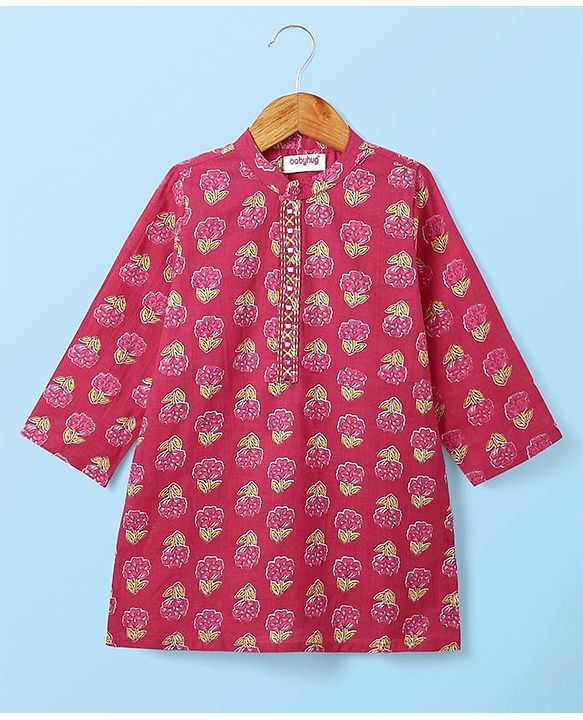 Babyhug Cotton Woven Full Sleeves Kurta Dhoti Set With Floral Print - Fuchsia