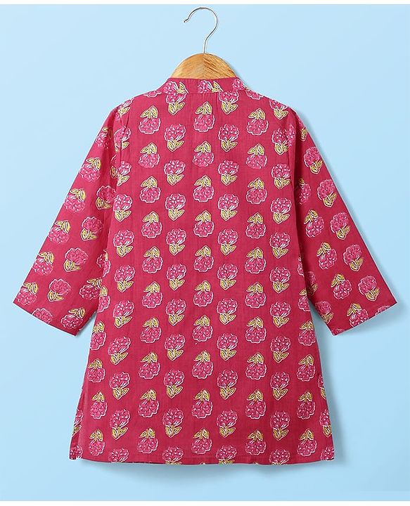 Babyhug Cotton Woven Full Sleeves Kurta Dhoti Set With Floral Print - Fuchsia