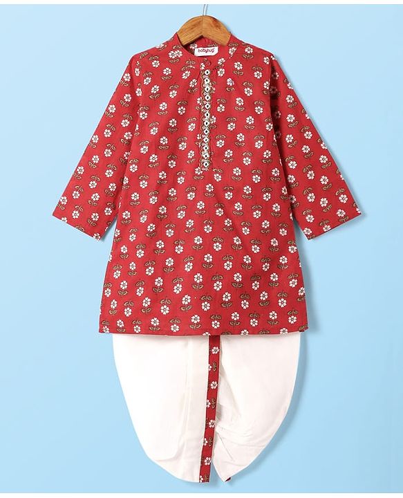 Babyhug Cotton Woven Full Sleeves Kurta Dhoti Set With Floral Print - Red