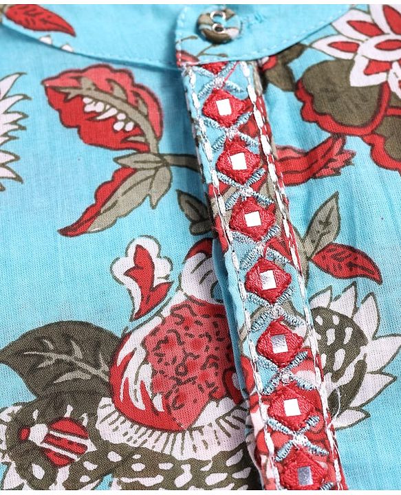 Babyhug Cotton Woven Full Sleeves Kurta Dhorti Set with Floral Print - Light Blue & Red