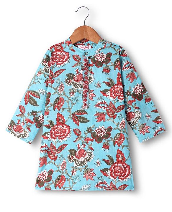 Babyhug Cotton Woven Full Sleeves Kurta Dhorti Set with Floral Print - Light Blue & Red