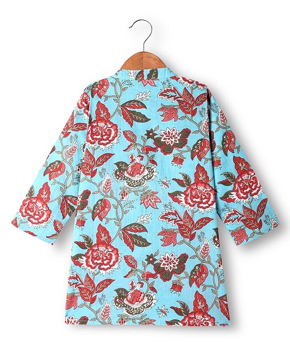Babyhug Cotton Woven Full Sleeves Kurta Dhorti Set with Floral Print - Light Blue & Red