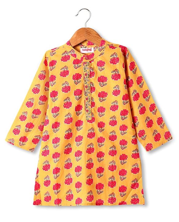 Babyhug Cotton Woven Full Sleeves Kurta Dhoti Set With Floral Print - Mustard