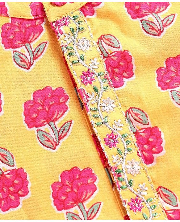 Babyhug Cotton Woven Full Sleeves Kurta Dhoti Set With Floral Print - Mustard
