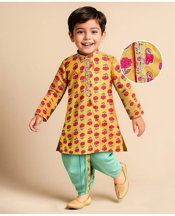 Babyhug Cotton Woven Full Sleeves Kurta Dhoti Set With Floral Print - Mustard