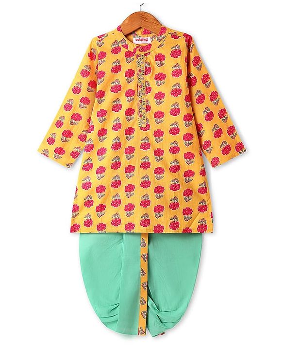Babyhug Cotton Woven Full Sleeves Kurta Dhoti Set With Floral Print - Mustard