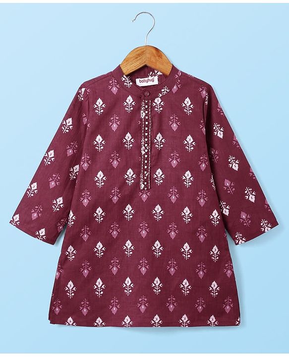Babyhug Cotton Woven Full Sleeves Kurta Dhoti Set With Floral Print - Maroon