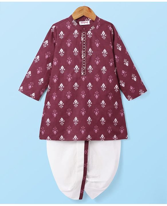 Babyhug Cotton Woven Full Sleeves Kurta Dhoti Set With Floral Print - Maroon